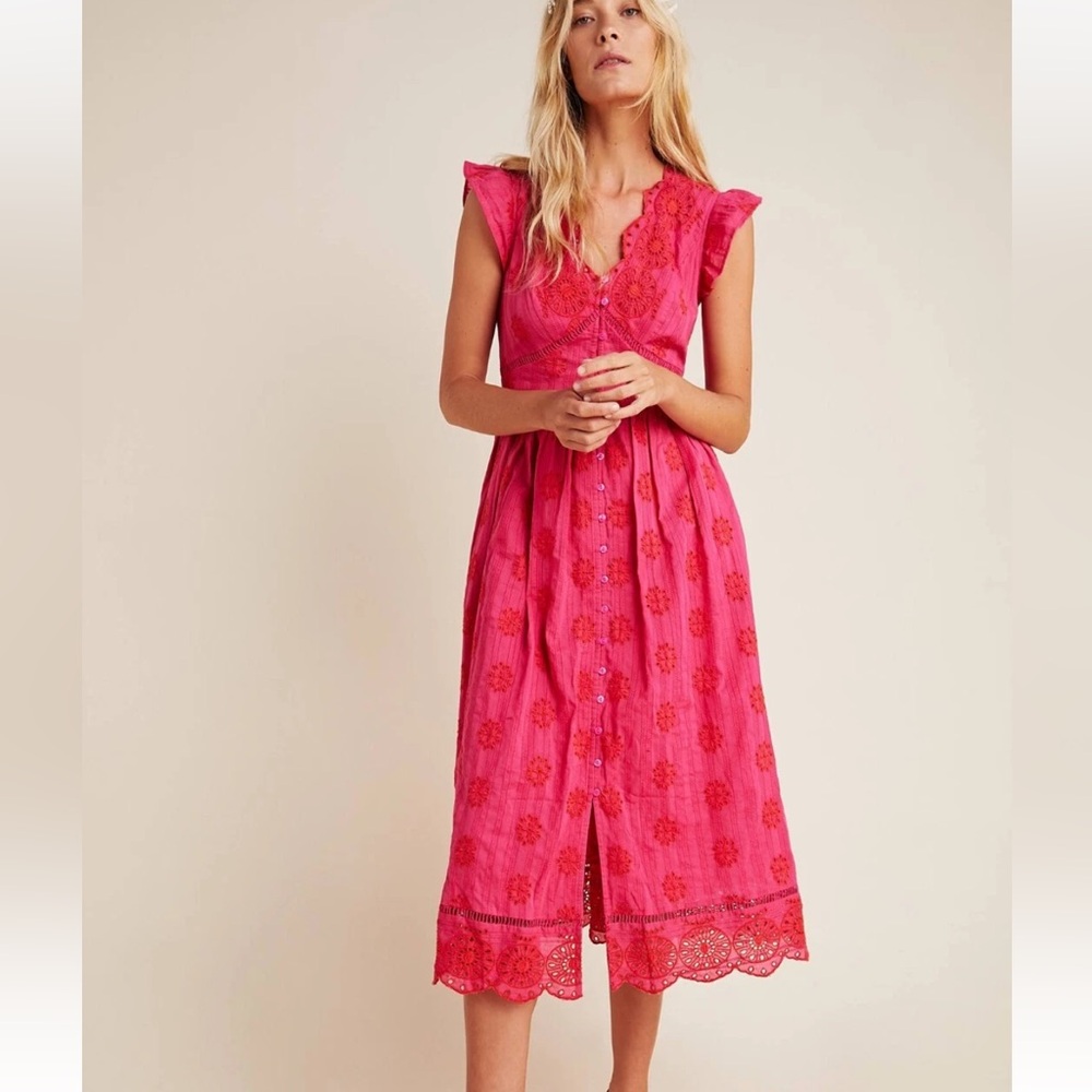 ANTHROPOLOGIE‎ NWT RANNA GIL Tomine Eyelet Midi Dress in Hot Pink size XS